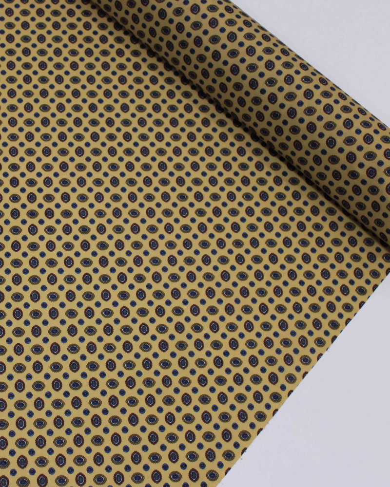 Tecido Crepe Silk Italiano Estampa Micro Geométrica Vermelho, Azul e Palha