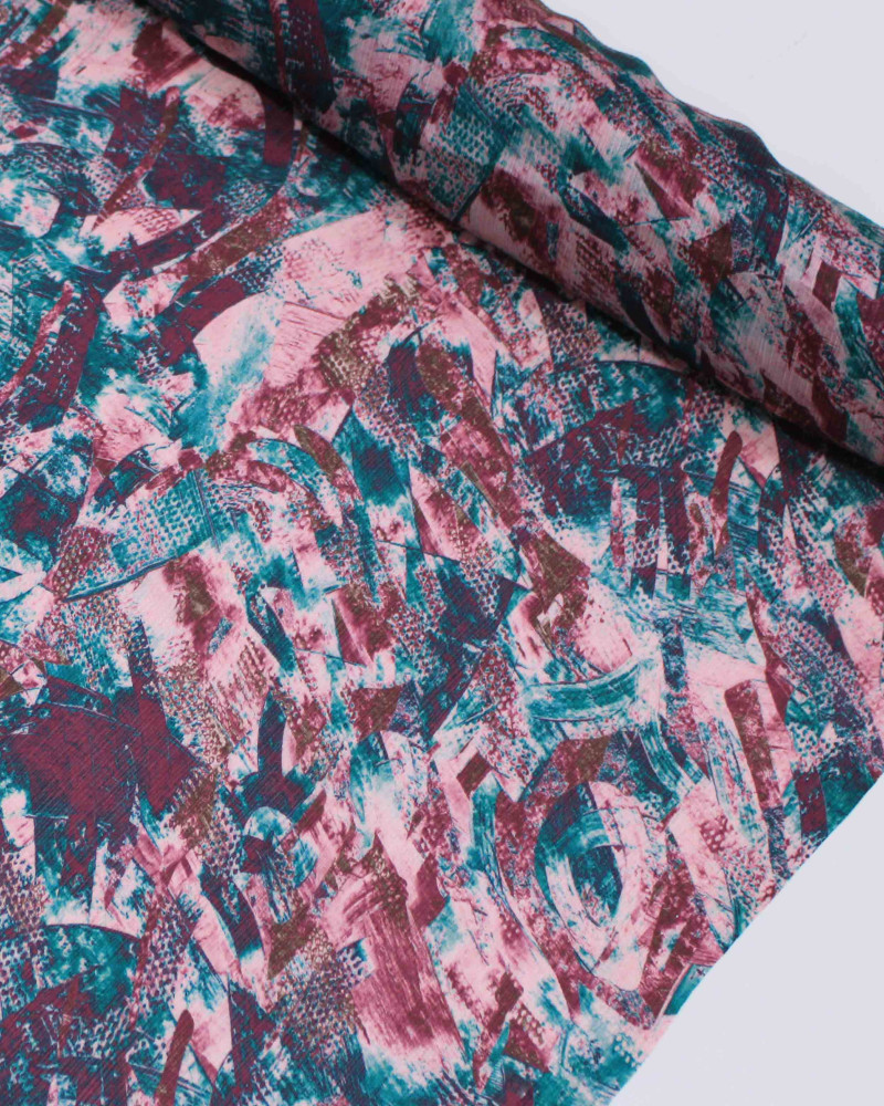 Tecido Crepe Chiffon Italiano Texturizado Italiano Pinceladas Abstratas Marrom, Verde e Tons de Rosa