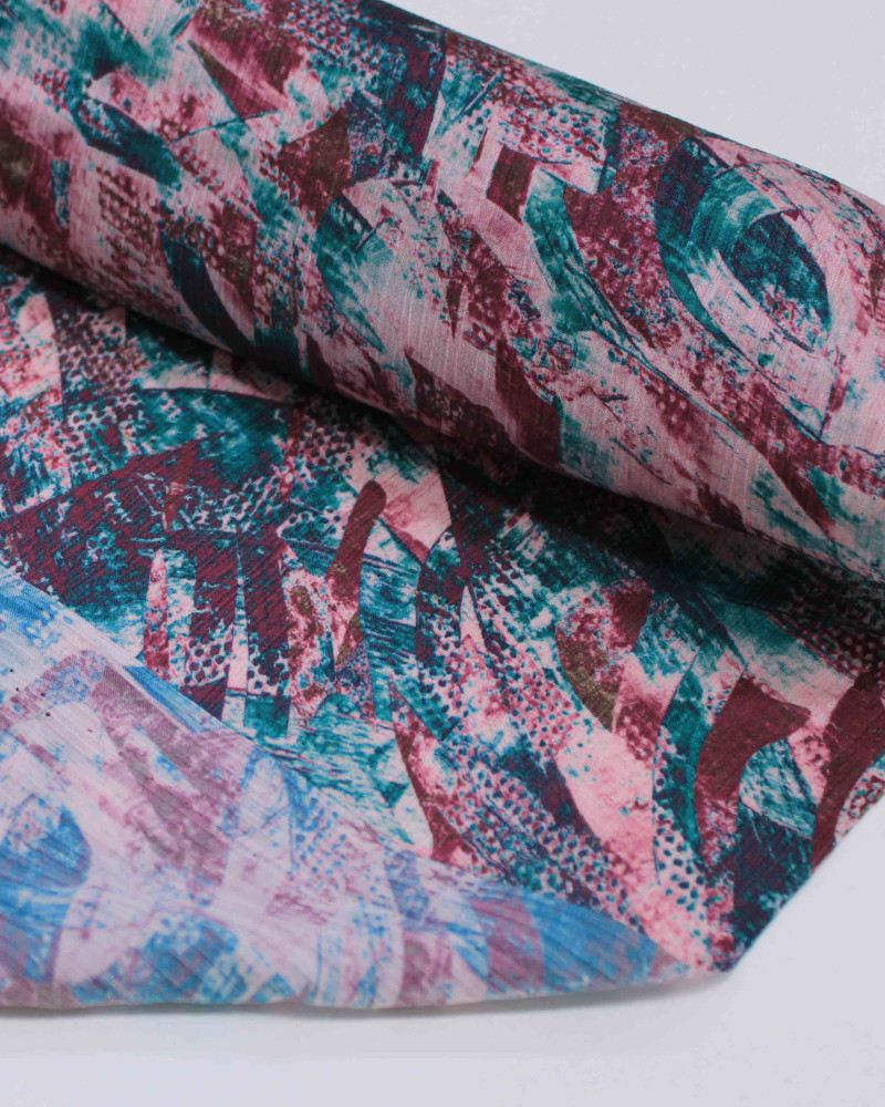 Tecido Crepe Chiffon Italiano Texturizado Italiano Pinceladas Abstratas Marrom, Verde e Tons de Rosa