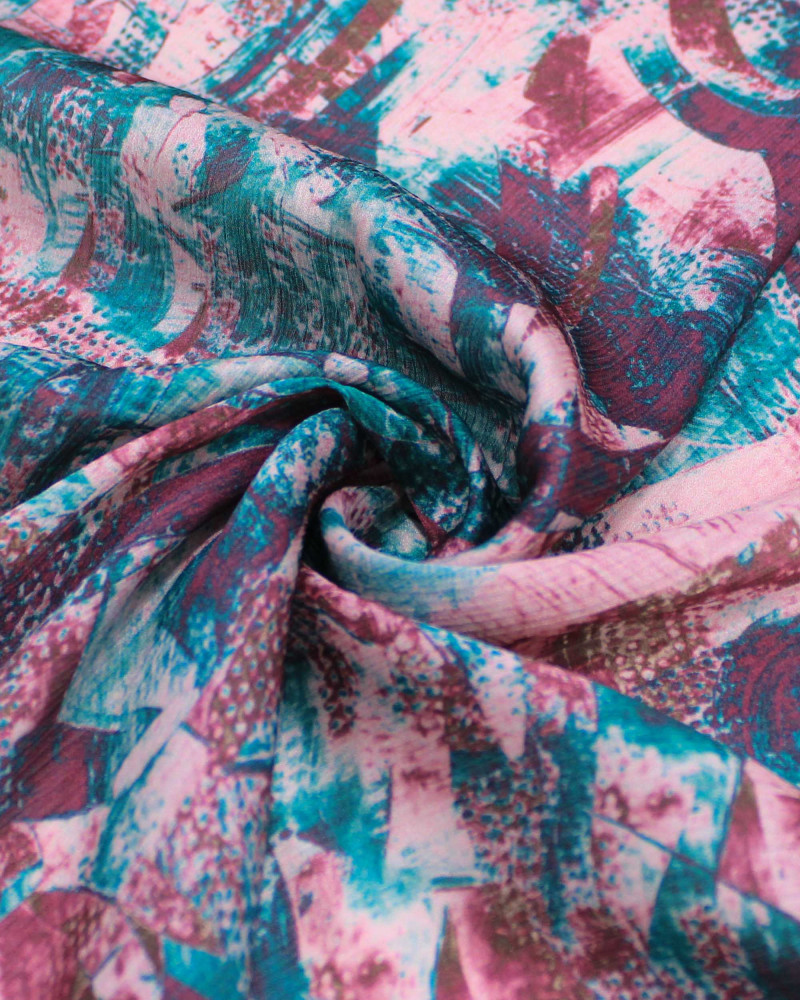 Tecido Crepe Chiffon Italiano Texturizado Italiano Pinceladas Abstratas Marrom, Verde e Tons de Rosa