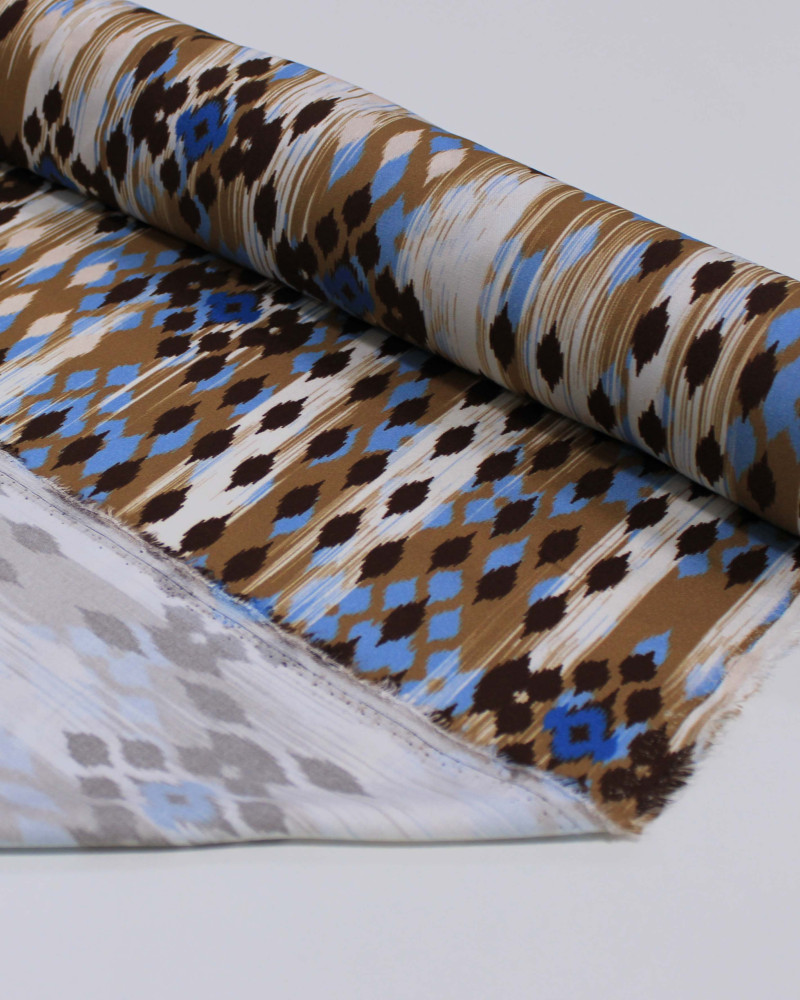 Tecido Viscose Italiano Esampa Geométrica Abstrata Azul, Tons de marrom e Offwhite