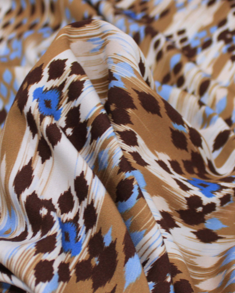 Tecido Viscose Italiano Esampa Geométrica Abstrata Azul, Tons de marrom e Offwhite