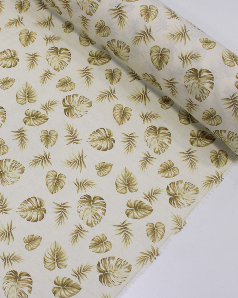 Tecido Linho Misto Camisaria Folhagens Tons de Bege e Offwhite