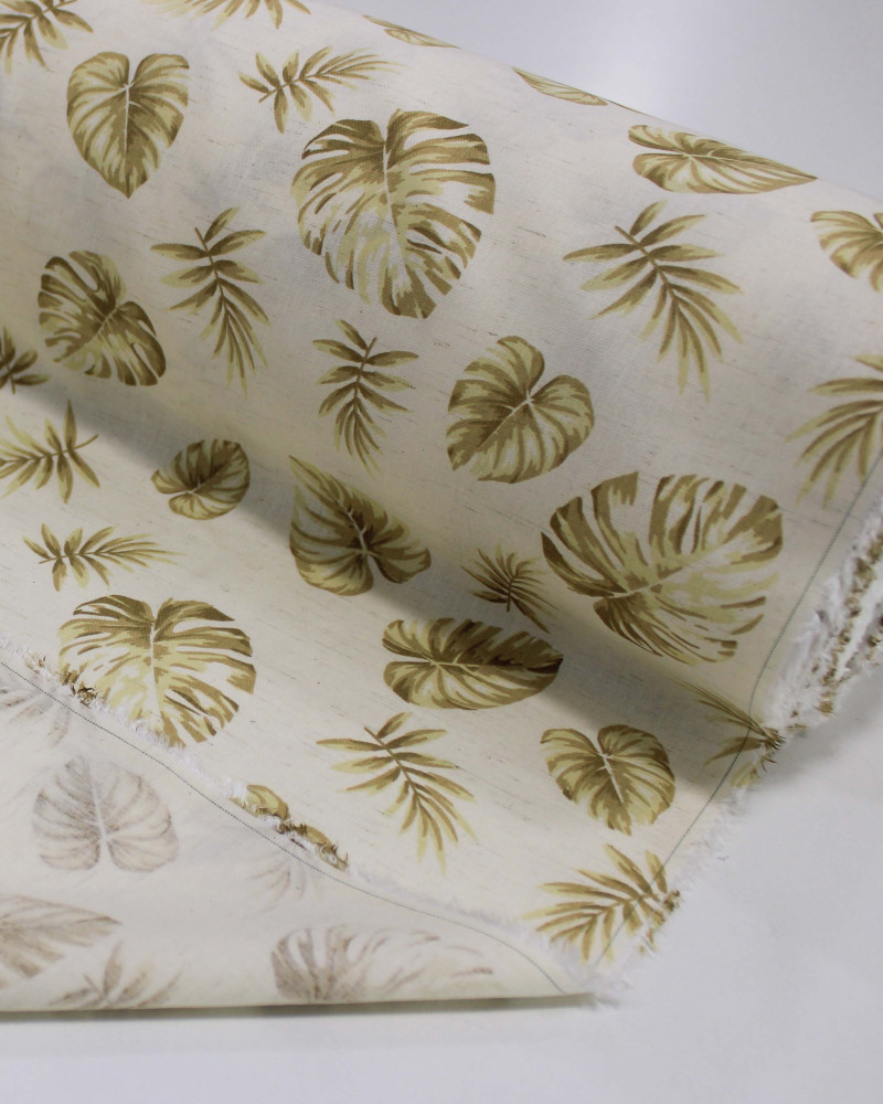 Tecido Linho Misto Camisaria Folhagens Tons de Bege e Offwhite