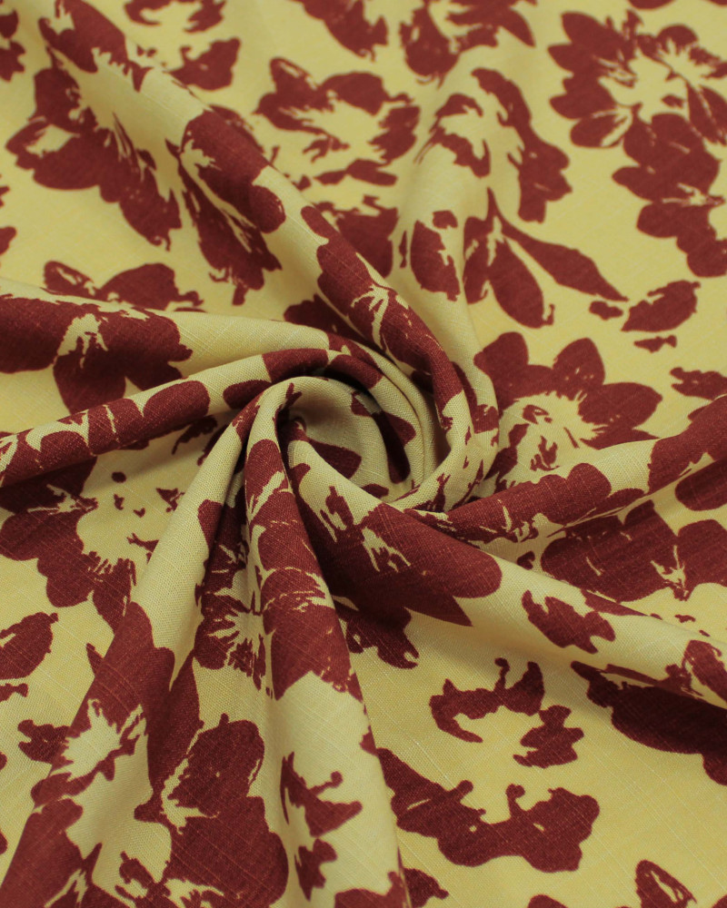 Tecido Viscose Texturizada Tapete Floral Abstrato Marrom e Amarelo