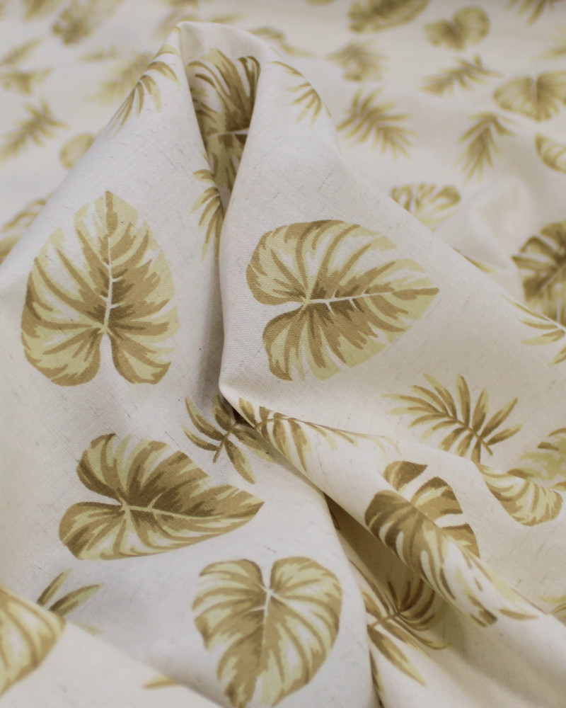 Tecido Linho Misto Camisaria Folhagens Tons de Bege e Offwhite