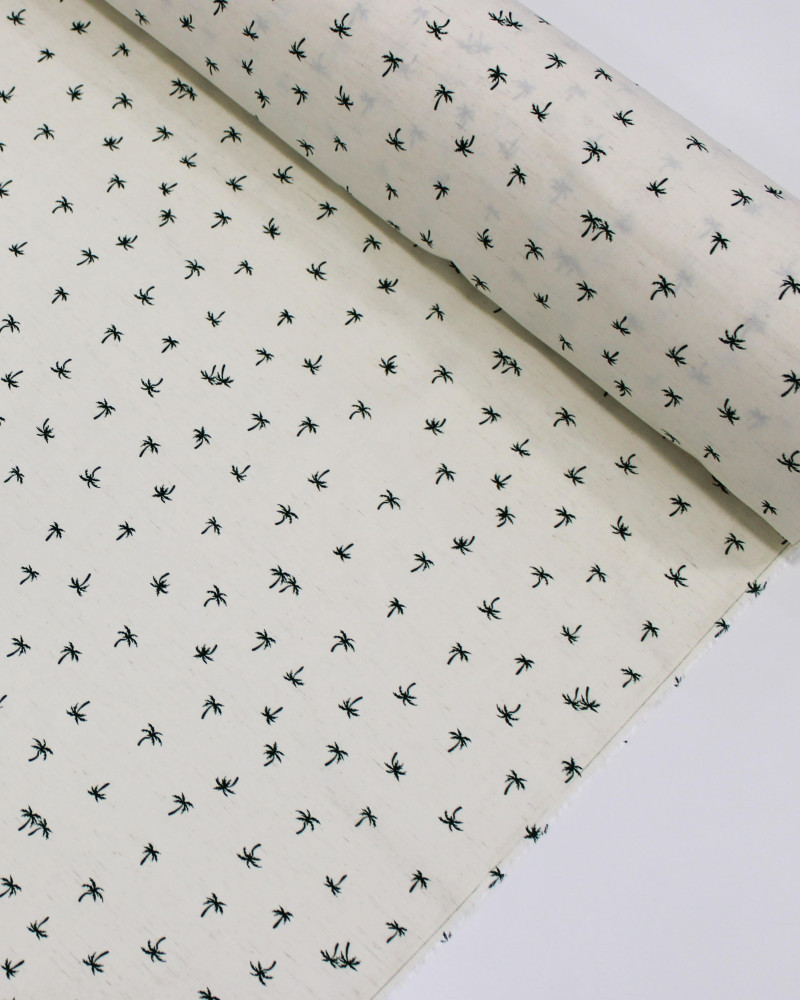 Tecido Linho Misto Camisaria Micro Palmeiras Verde Esmeralda e Offwhite