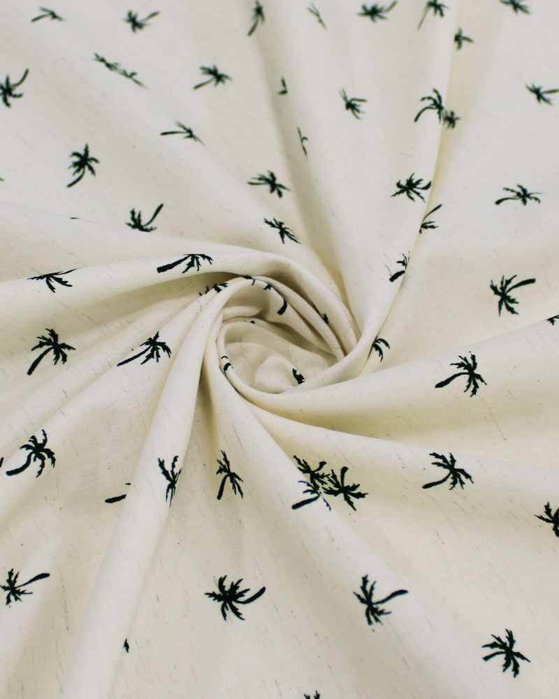 Tecido Linho Misto Camisaria Micro Palmeiras Verde Esmeralda e Offwhite