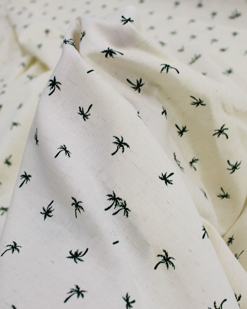 Tecido Linho Misto Camisaria Micro Palmeiras Verde Esmeralda e Offwhite