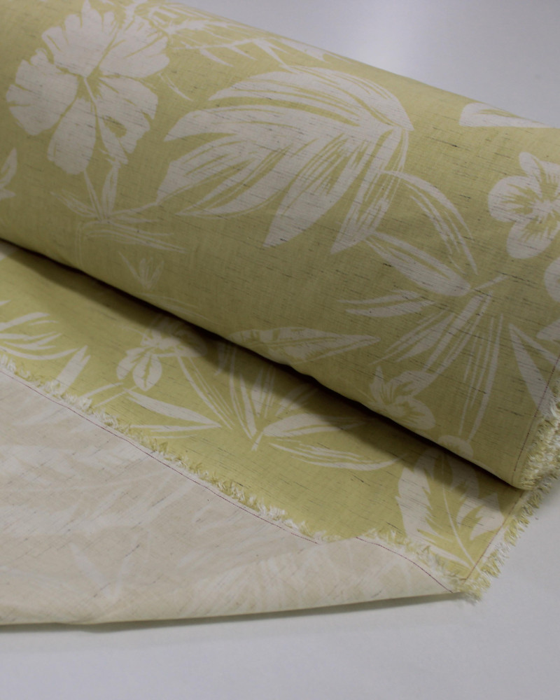 Tecido Linho Misto Camisaria Folhagens e Flores Branco e Amarelo Requinte