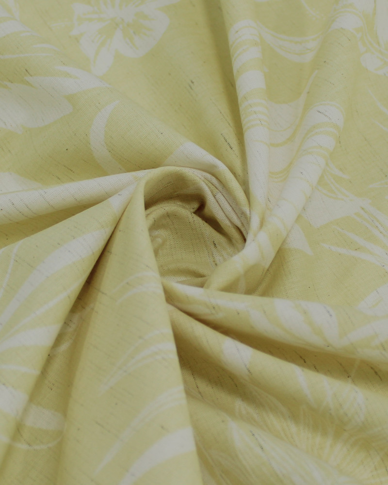 Tecido Linho Misto Camisaria Folhagens e Flores Branco e Amarelo Requinte