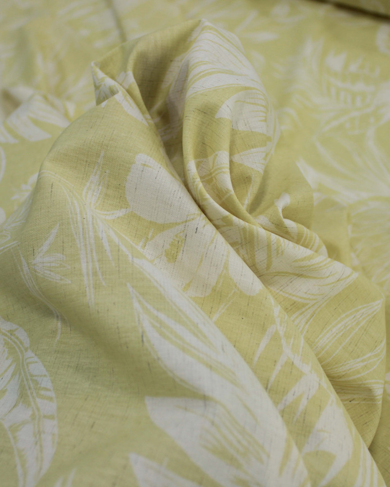 Tecido Linho Misto Camisaria Folhagens e Flores Branco e Amarelo Requinte