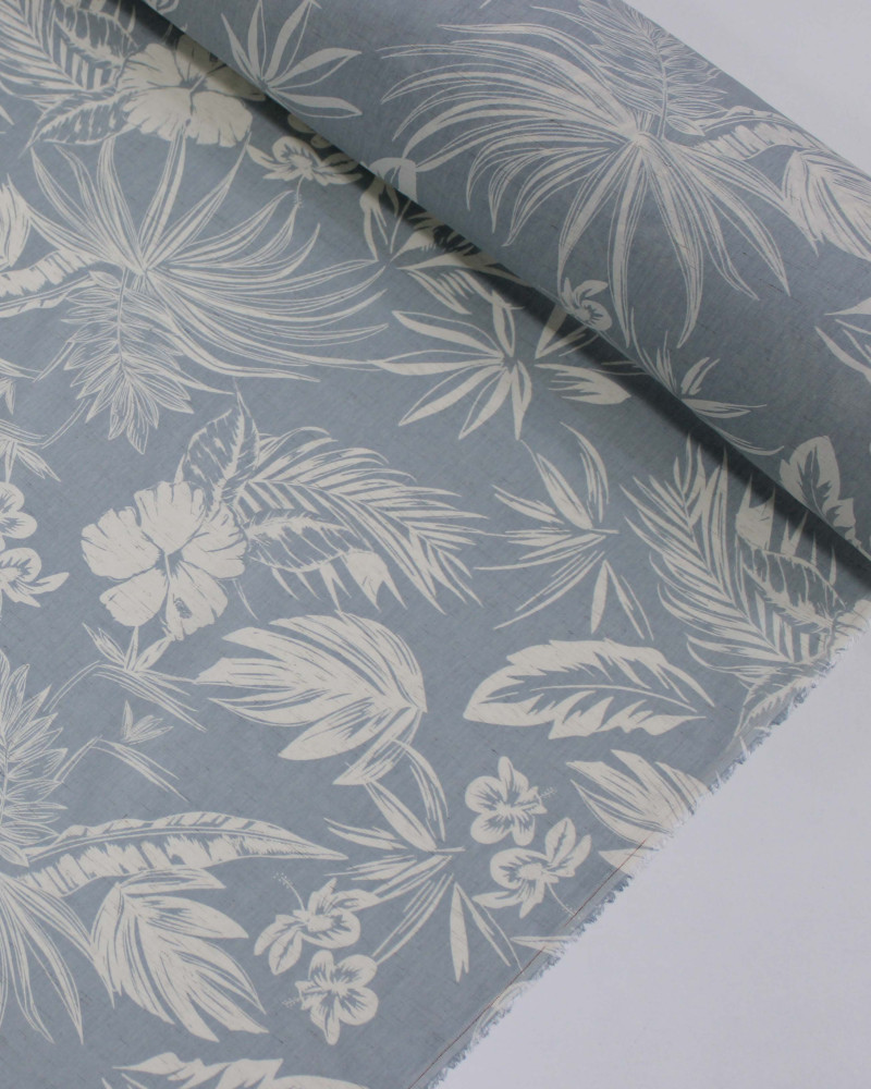 Tecido Linho Misto Camisaria Folhagens e Flores Offwhie e Azul Cinza Ártico