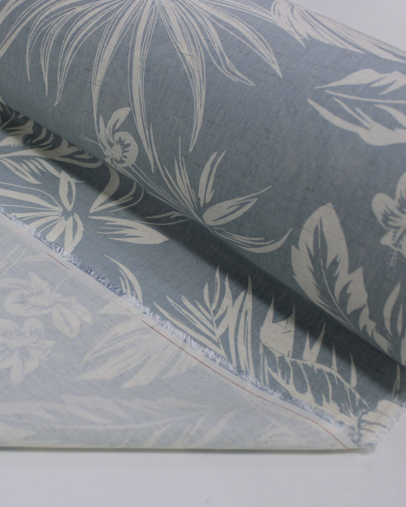 Tecido Linho Misto Camisaria Folhagens e Flores Offwhie e Azul Cinza Ártico
