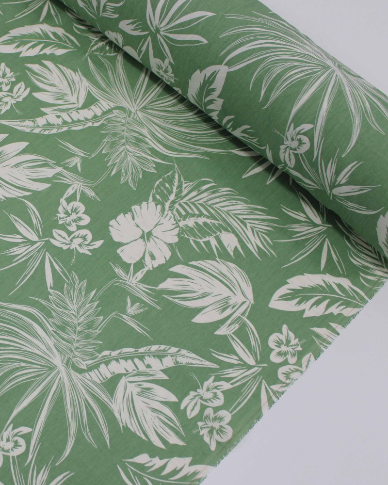 Tecido Linho Misto Camisaria Folhagens e Flores Branco e Verde