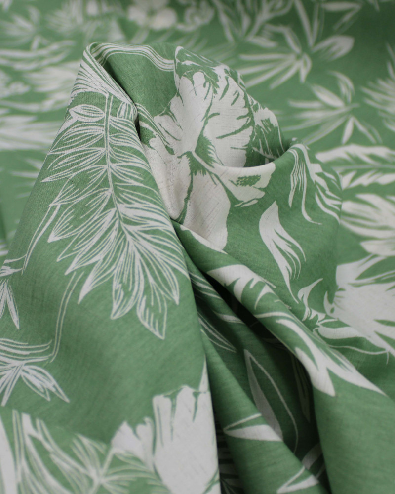 Tecido Linho Misto Camisaria Folhagens e Flores Branco e Verde