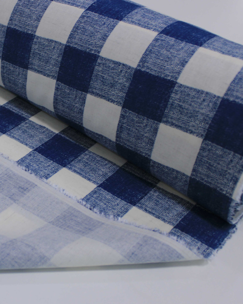 Tecido Linho Misto Camisaria Xadrez Offwhite e Azul