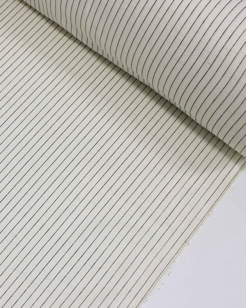 Tecido Linho Misto Camisaria Risca de Giz Preto e Offwhite