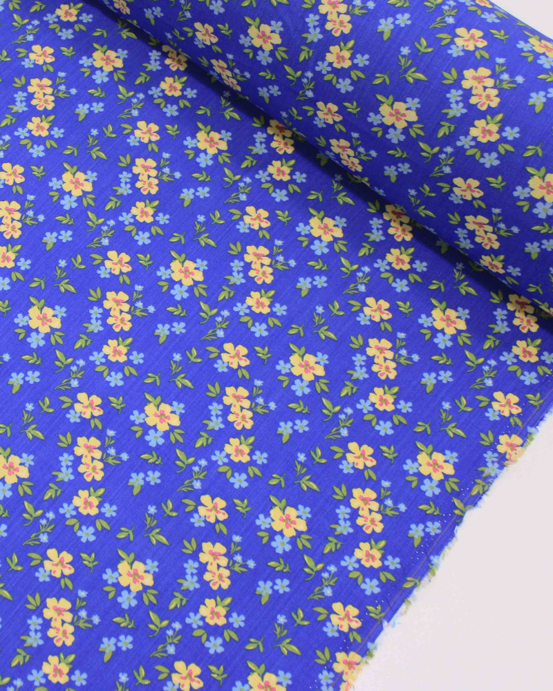 Tecido Viscose Texturizada Micro Tapete Floral Colorido e Azul