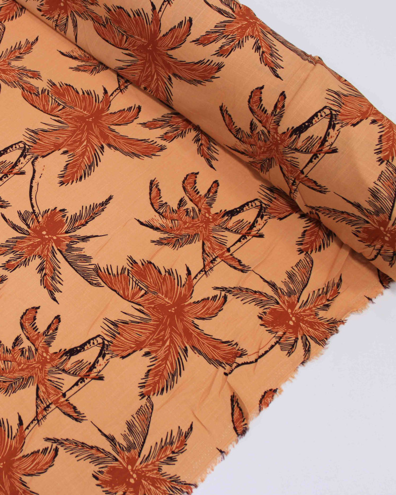 Tecido Viscose Texturizada Palmeiras Marrom Claro e Salmão