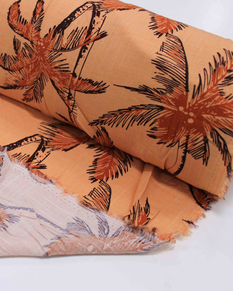 Tecido Viscose Texturizada Palmeiras Marrom Claro e Salmão