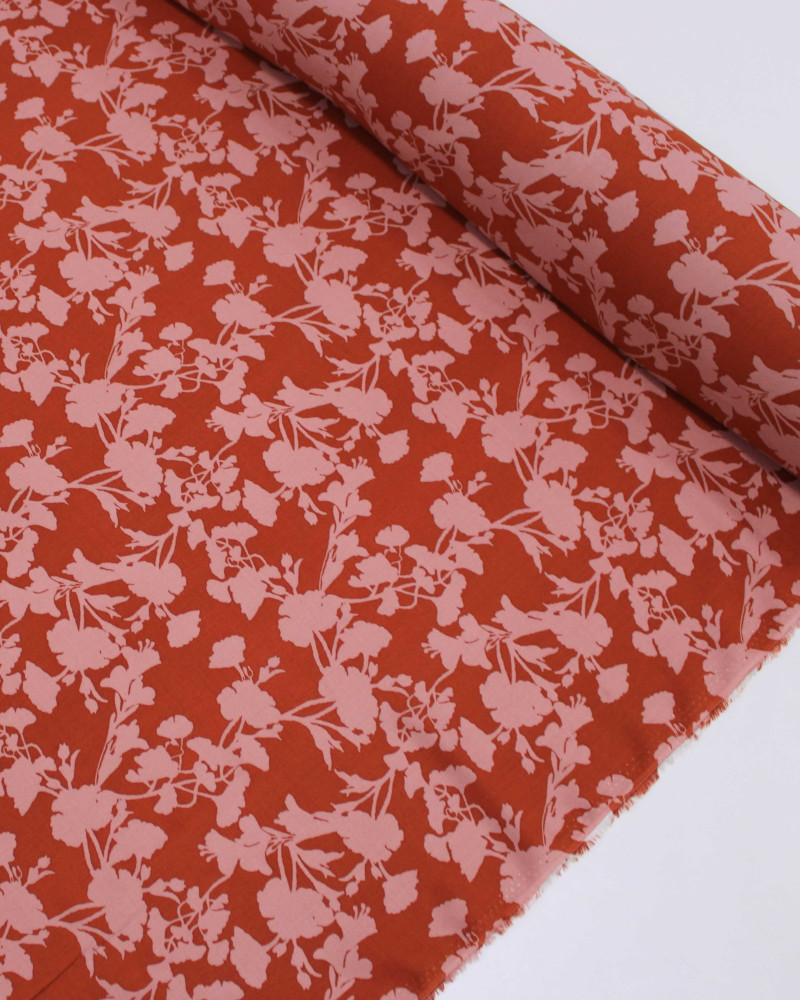 Tecido Viscose Ramos Abstratos Rosa Chá e Vermelho