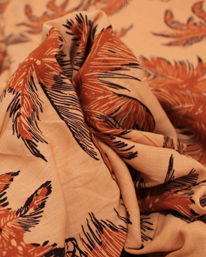 Tecido Viscose Texturizada Palmeiras Marrom Claro e Salmão
