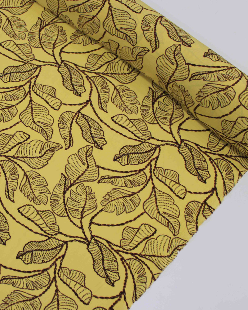 Tecido Viscose Folhas em Tranças Marrom e Amarelo