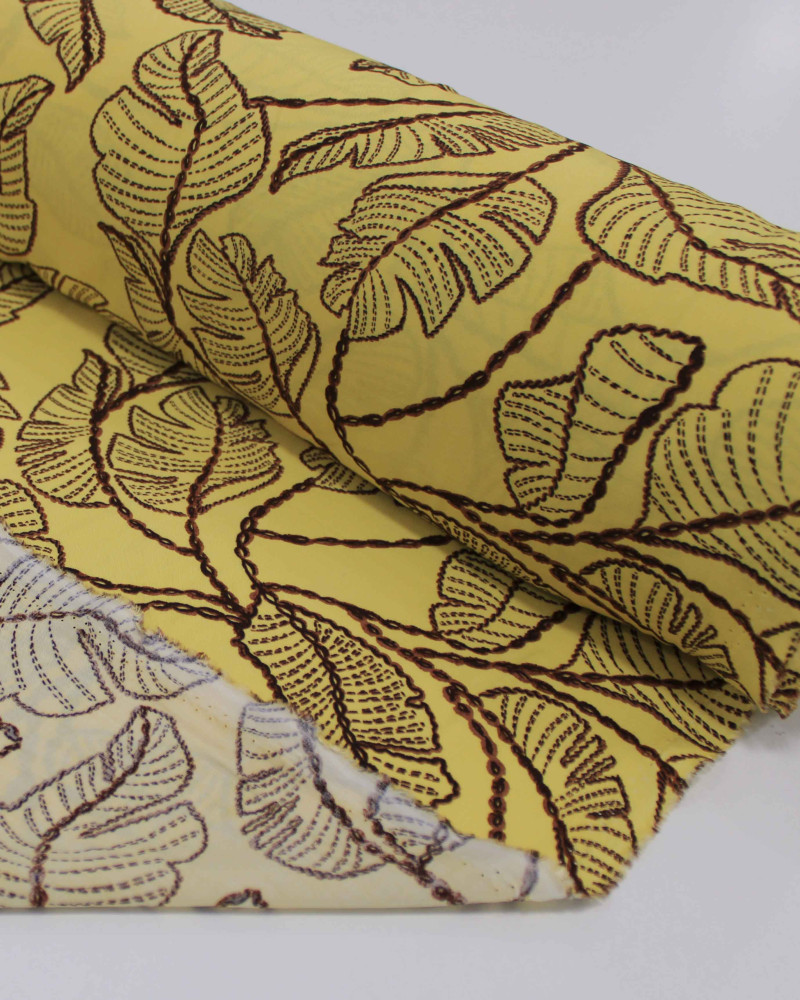 Tecido Viscose Folhas em Tranças Marrom e Amarelo