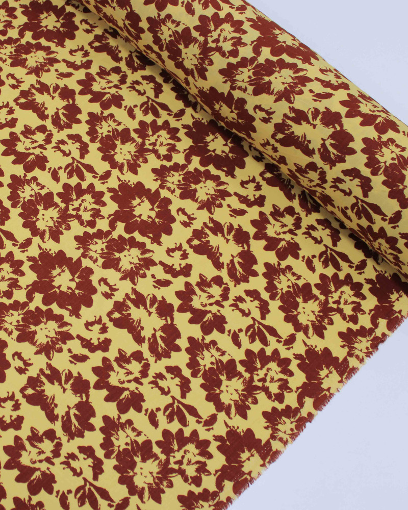 Tecido Viscose Texturizada Tapete Floral Abstrato Marrom e Amarelo