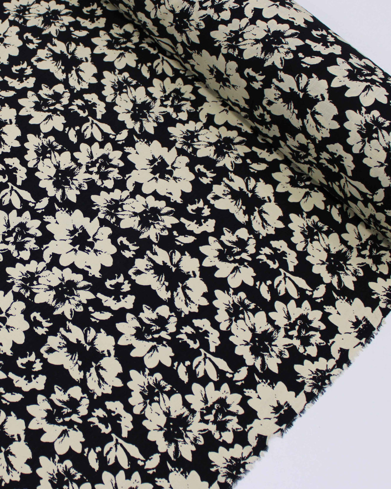 Tecido Viscose Texturizada Tapete Floral Abstrato Creme e Preto