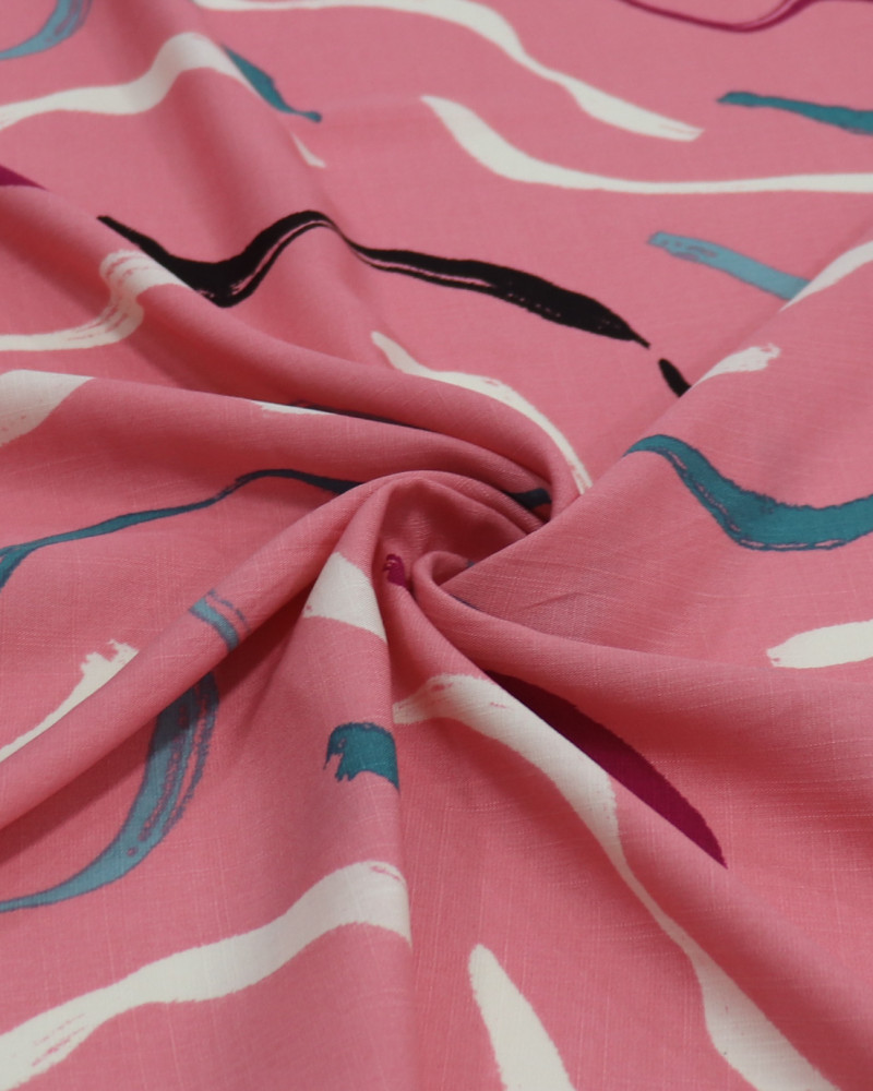 Tecido Viscose Texturizada Macro Riscos Colorido e Rosa Chiclete