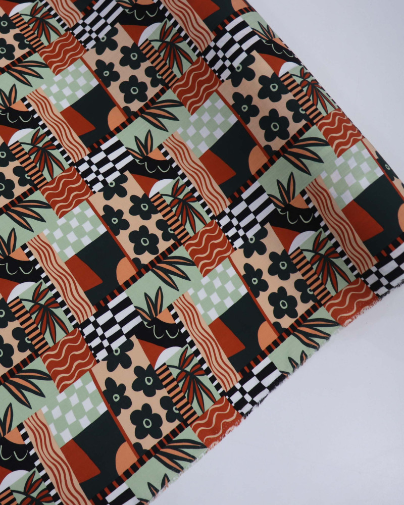 Tecido Viscose Texturizada Multi Estampa Terracota e Verde