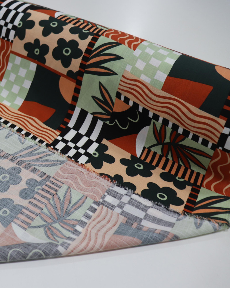 Tecido Viscose Texturizada Multi Estampa Terracota e Verde