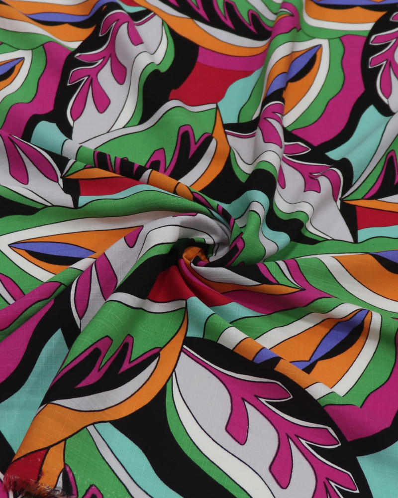 Tecido Viscose Texturizada Macro Folhas Coloridas
