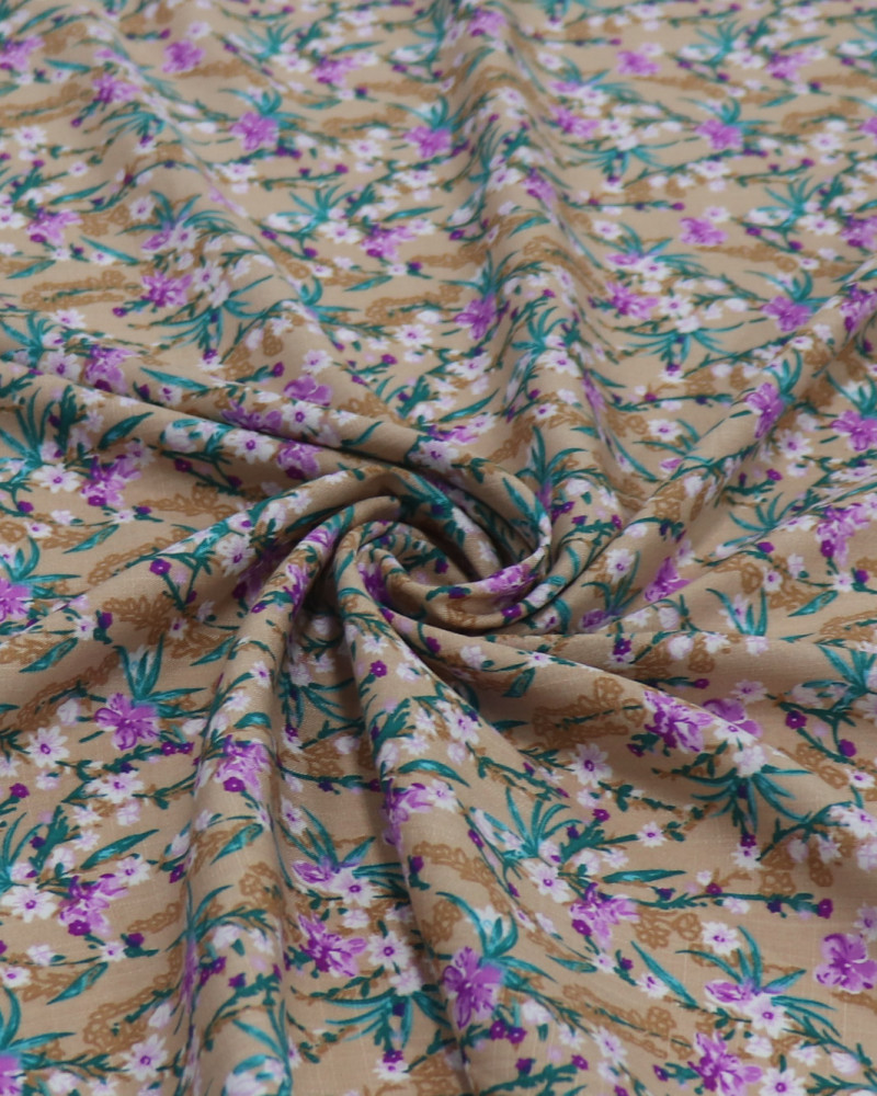 Tecido Viscose Texturizada Micro Buquê Floral Lilás e Bege