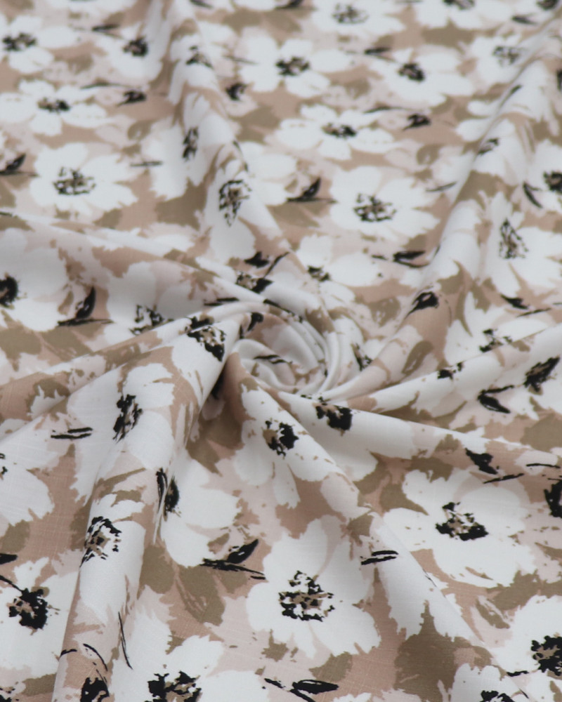 Tecido Viscose Texturizada Tapete Floral Branco e Nude