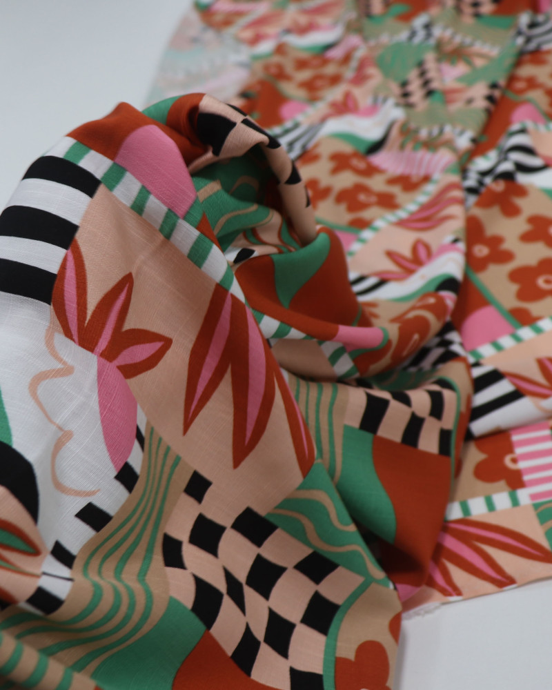 Tecido Viscose Texturizada Multi Estampa Terracota e Rosa