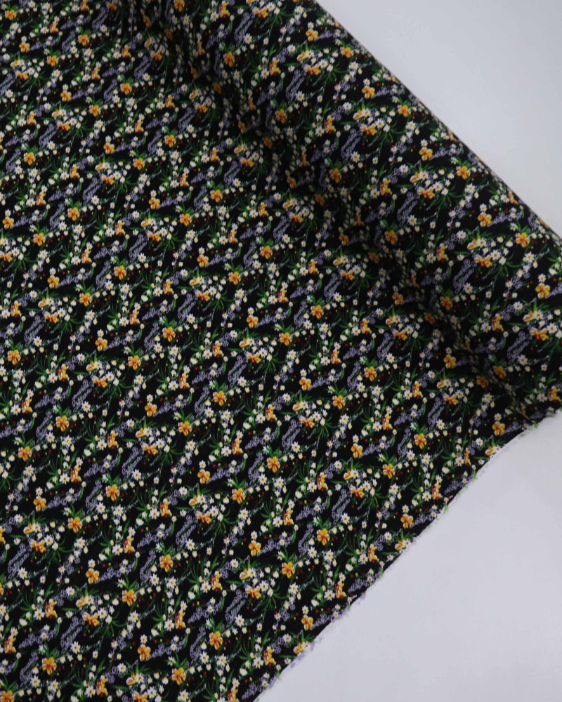 Tecido Viscose Texturizada Micro Buquê Floral Amarelo e Preto