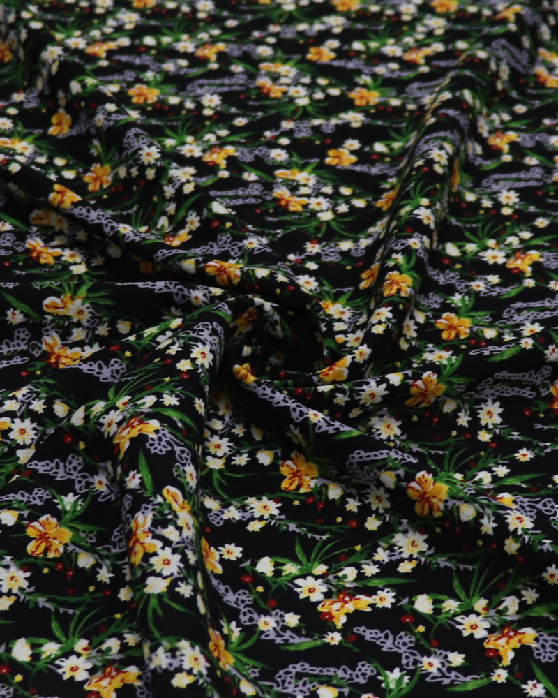 Tecido Viscose Texturizada Micro Buquê Floral Amarelo e Preto