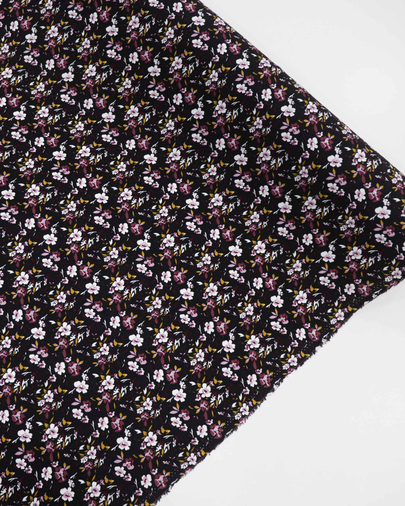 Tecido Viscose Texturizada Liberty Ameixa, Branco e Preto