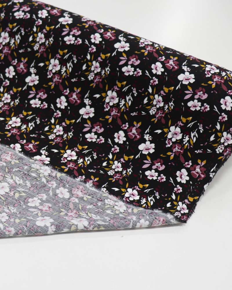 Tecido Viscose Texturizada Liberty Ameixa, Branco e Preto