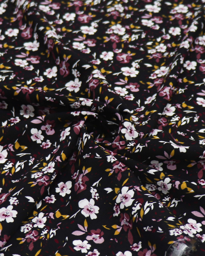 Tecido Viscose Texturizada Liberty Ameixa, Branco e Preto