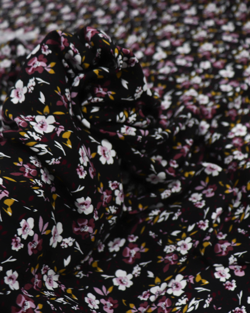 Tecido Viscose Texturizada Liberty Ameixa, Branco e Preto