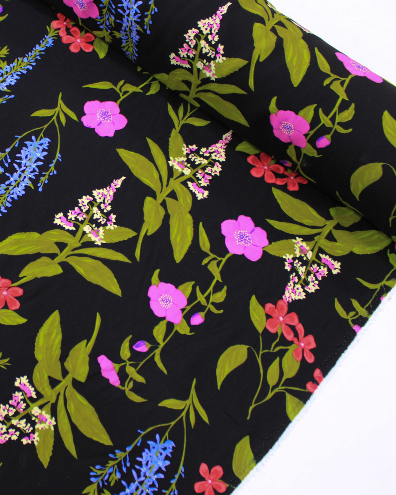 Tecido Viscose Jardim Floral Colorido e Preto