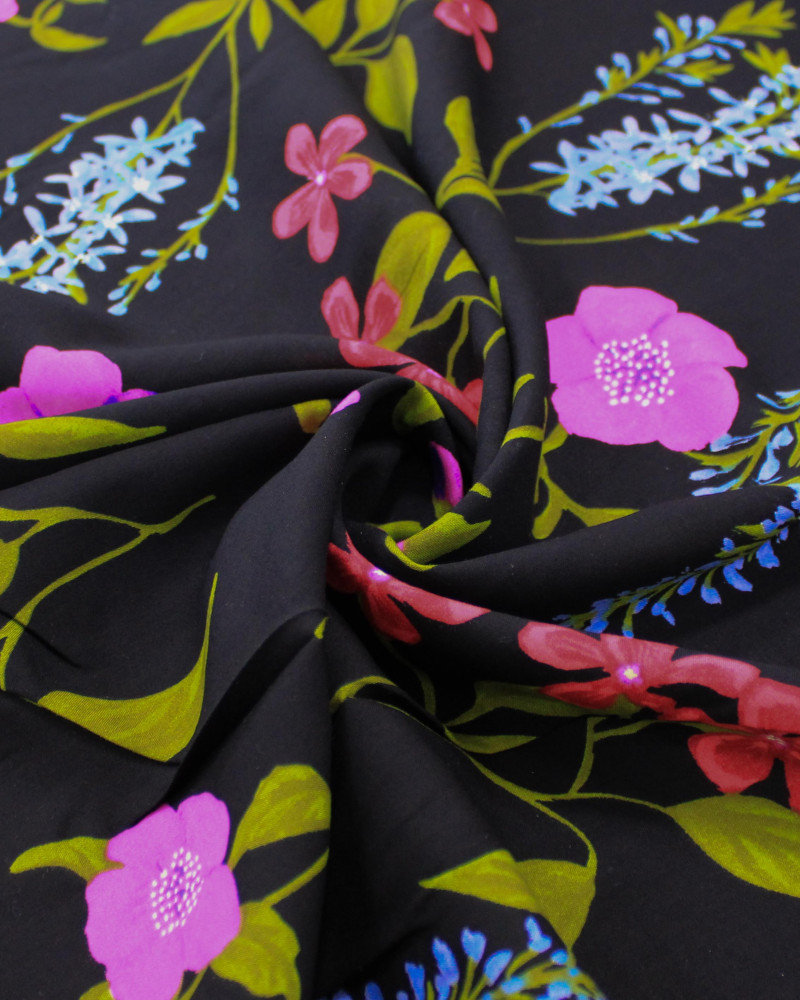 Tecido Viscose Jardim Floral Colorido e Preto