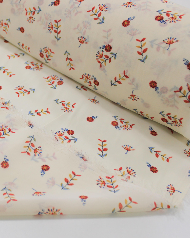 Tecido Crepe Chiffon Grosso Micro Ramos Colorido e Creme