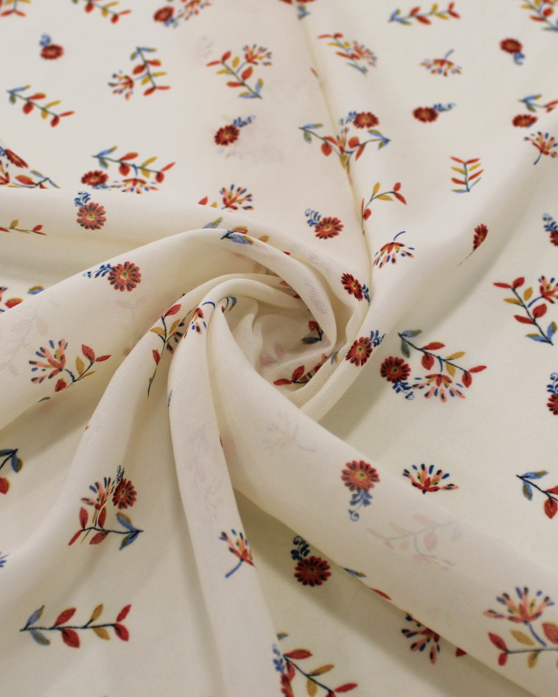 Tecido Crepe Chiffon Grosso Micro Ramos Colorido e Creme