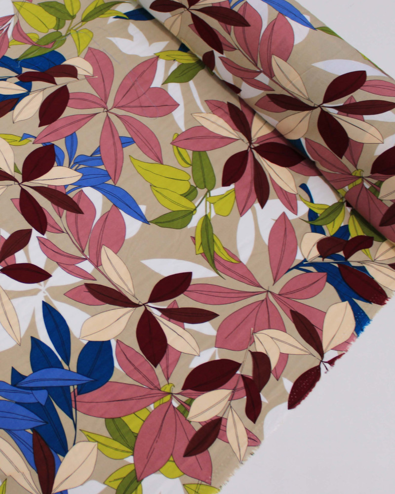 Tecido Viscose Folhagens Colorido e Bege