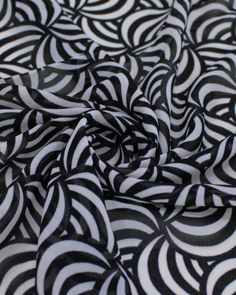 Tecido Crepe Chiffon Grosso Ilusão de Ótica Branco e Preto